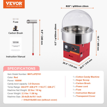 VEVOR Electric Cotton Candy Machine, 1000W Candy Floss Maker, Commercial Cotton Candy Machine with Cover, Stainless Steel Bowl, Sugar Scoop, Drawer, Perfect for Home Kids Birthday, Family Party, Red