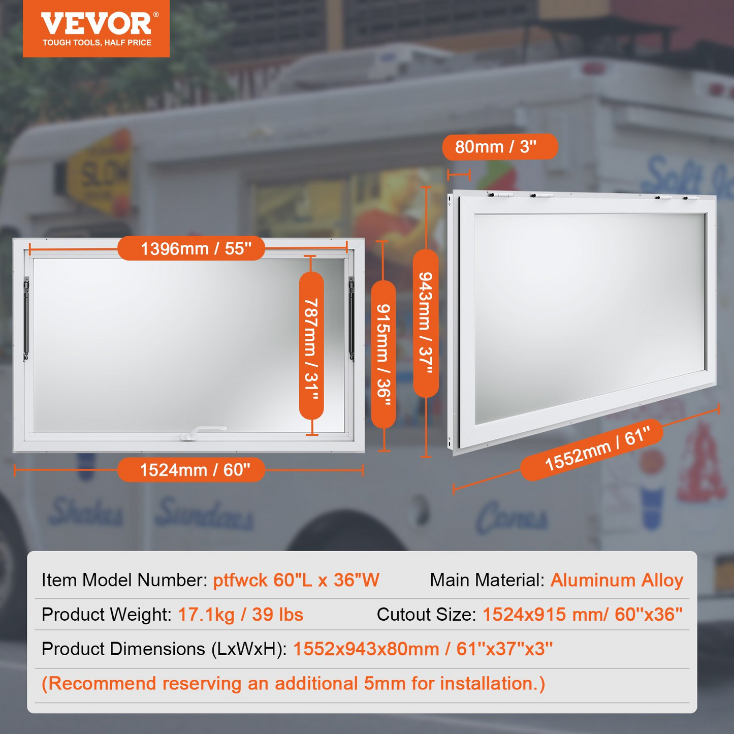 VEVOR Concession Window 60"x36", Aluminum Alloy Food Truck Service Window with Awning Door & Drag Hook, Up to 85 Degrees Stand Serving Window for Food Trucks Concession Trailers, Glass Not Included