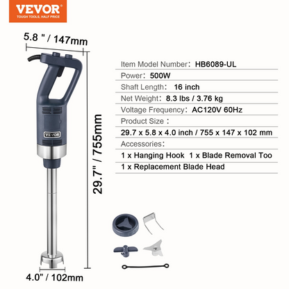 VEVOR Commercial Immersion Blender 500W Heavy Duty Hand Mixer for Soup Sauces