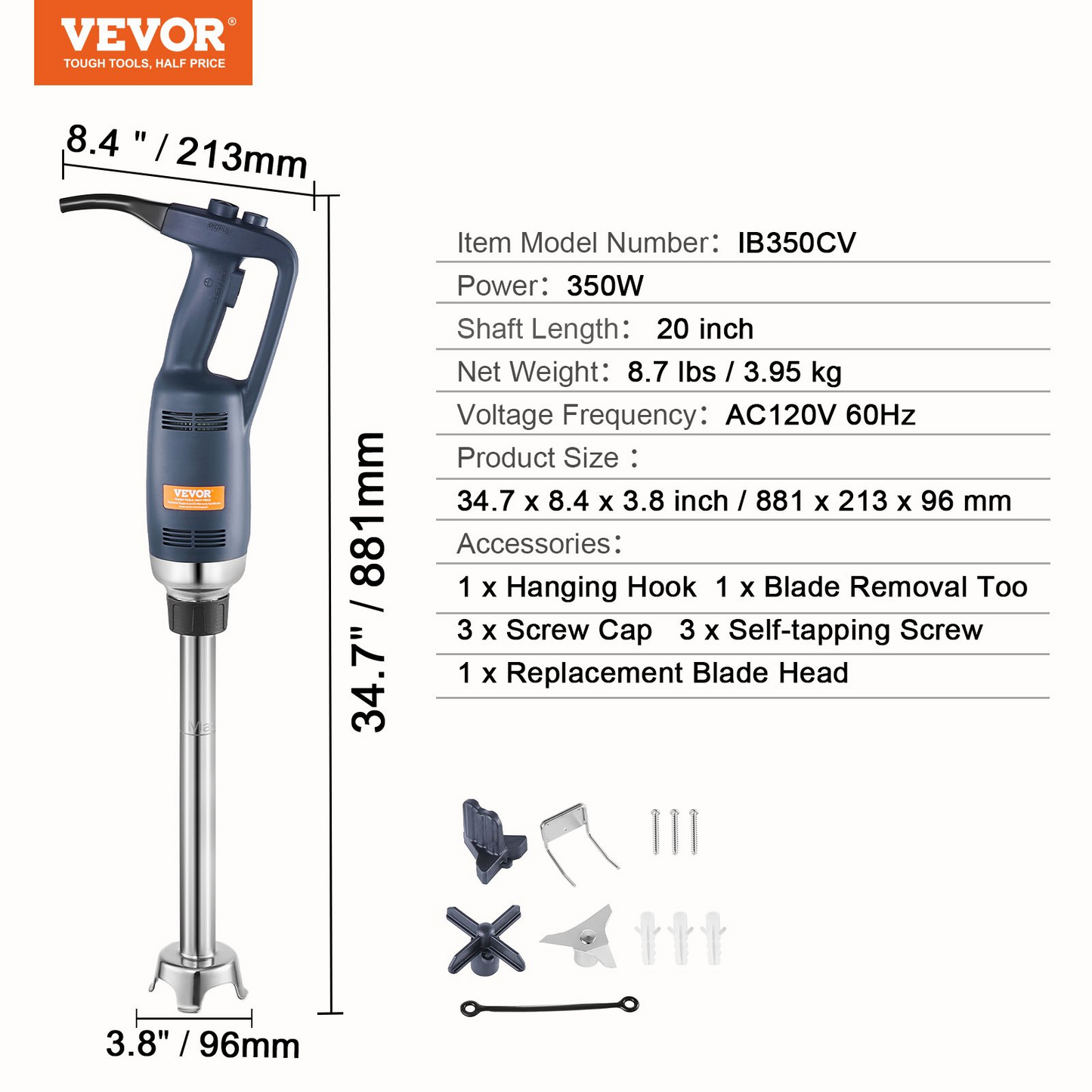 VEVOR Commercial Immersion Blender 350W Heavy Duty Hand Mixer for Soup Sauces