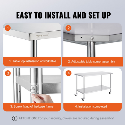 VEVOR Stainless Steel Work Table 30 x 60 x 38 Inch, with 4 Wheels, 3 Adjustable Height Levels, Heavy Duty Food Prep Worktable for Commercial Kitchen Restaurant, Silver