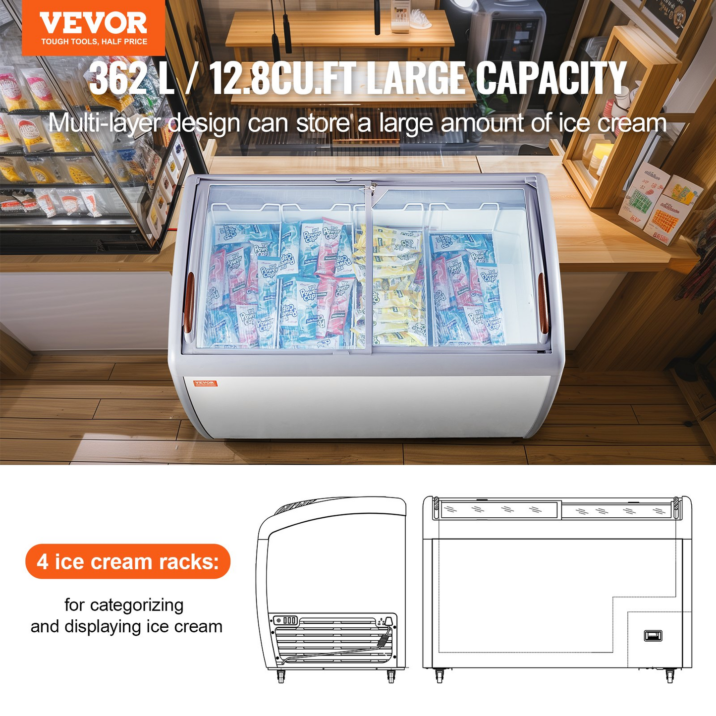 VEVOR Commercial Ice Cream Display Case, 12.8 Cu.ft Chest Freezer, Mobile Glass Top Deep Freezer, Restaurant Gelato Dipping Cabinet with 4 Wire Baskets, 2 Sliding Glass Doosr, Locking Casters, White