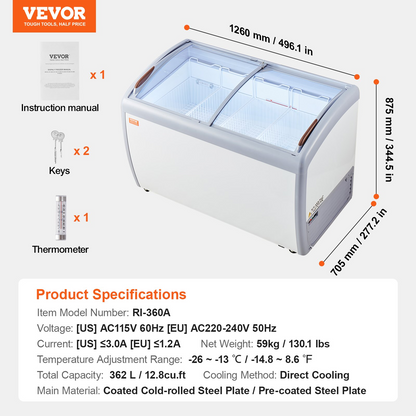 VEVOR Commercial Ice Cream Display Case, 12.8 Cu.ft Chest Freezer, Mobile Glass Top Deep Freezer, Restaurant Gelato Dipping Cabinet with 4 Wire Baskets, 2 Sliding Glass Doosr, Locking Casters, White