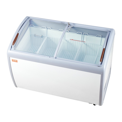 VEVOR Commercial Ice Cream Display Case, 12.8 Cu.ft Chest Freezer, Mobile Glass Top Deep Freezer, Restaurant Gelato Dipping Cabinet with 4 Wire Baskets, 2 Sliding Glass Doosr, Locking Casters, White