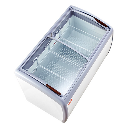 VEVOR Commercial Ice Cream Display Case, 12.8 Cu.ft Chest Freezer, Mobile Glass Top Deep Freezer, Restaurant Gelato Dipping Cabinet with 4 Wire Baskets, 2 Sliding Glass Doosr, Locking Casters, White