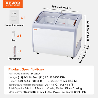 VEVOR Commercial Ice Cream Display Case, 9.3 Cu.ft Chest Freezer, Mobile Glass Top Deep Freezer, Restaurant Gelato Dipping Cabinet with 3 Wire Baskets, 2 Sliding Glass Doors, Locking Casters, White