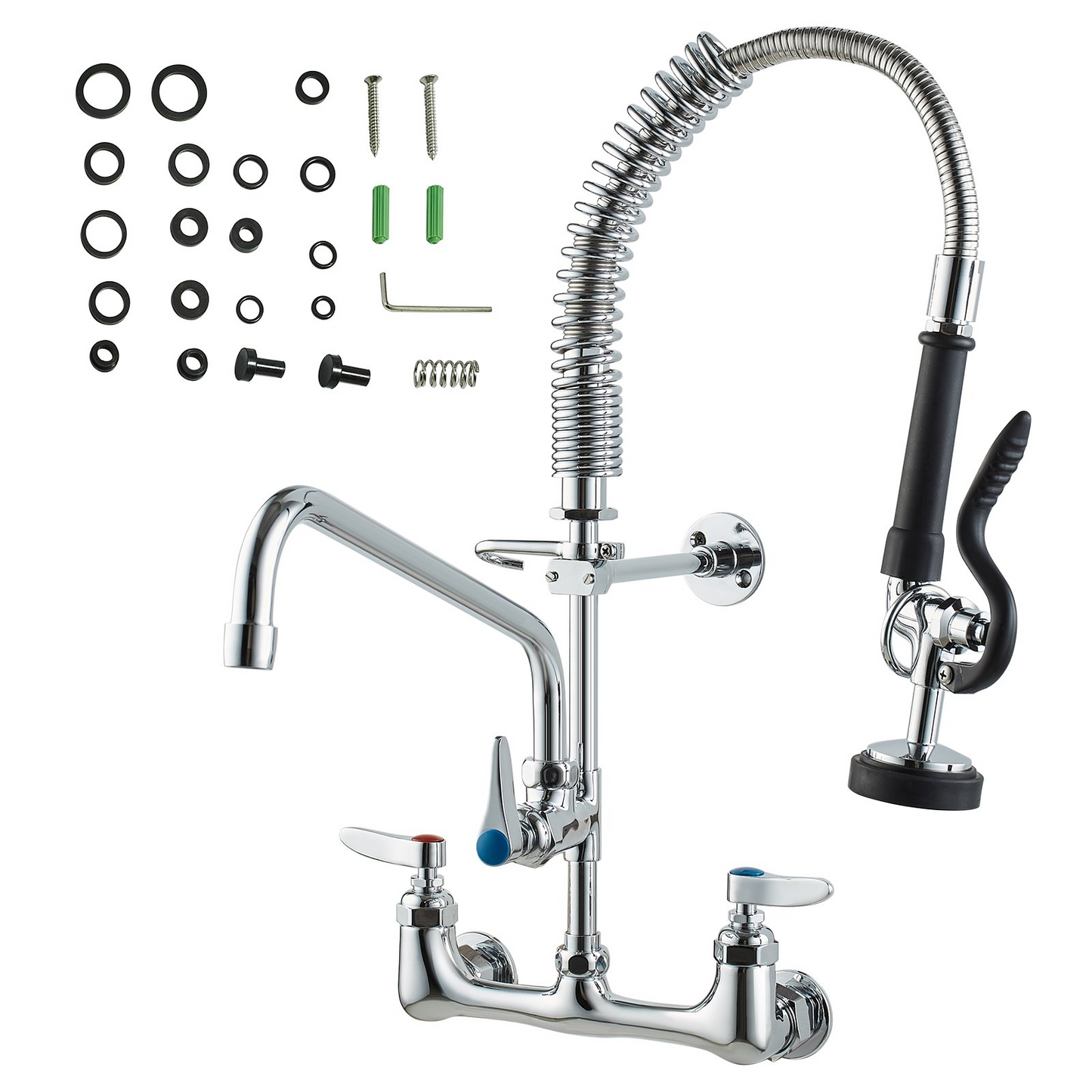 VEVOR Commercial Faucet with Pre-Rinse Sprayer, 21" Height, 8" Center, 12" Swing Spout, Wall Mount Kitchen Sink Faucet, Brass Constructed Device with Pull Down Spray, for 1/2/3 Compartment Sink