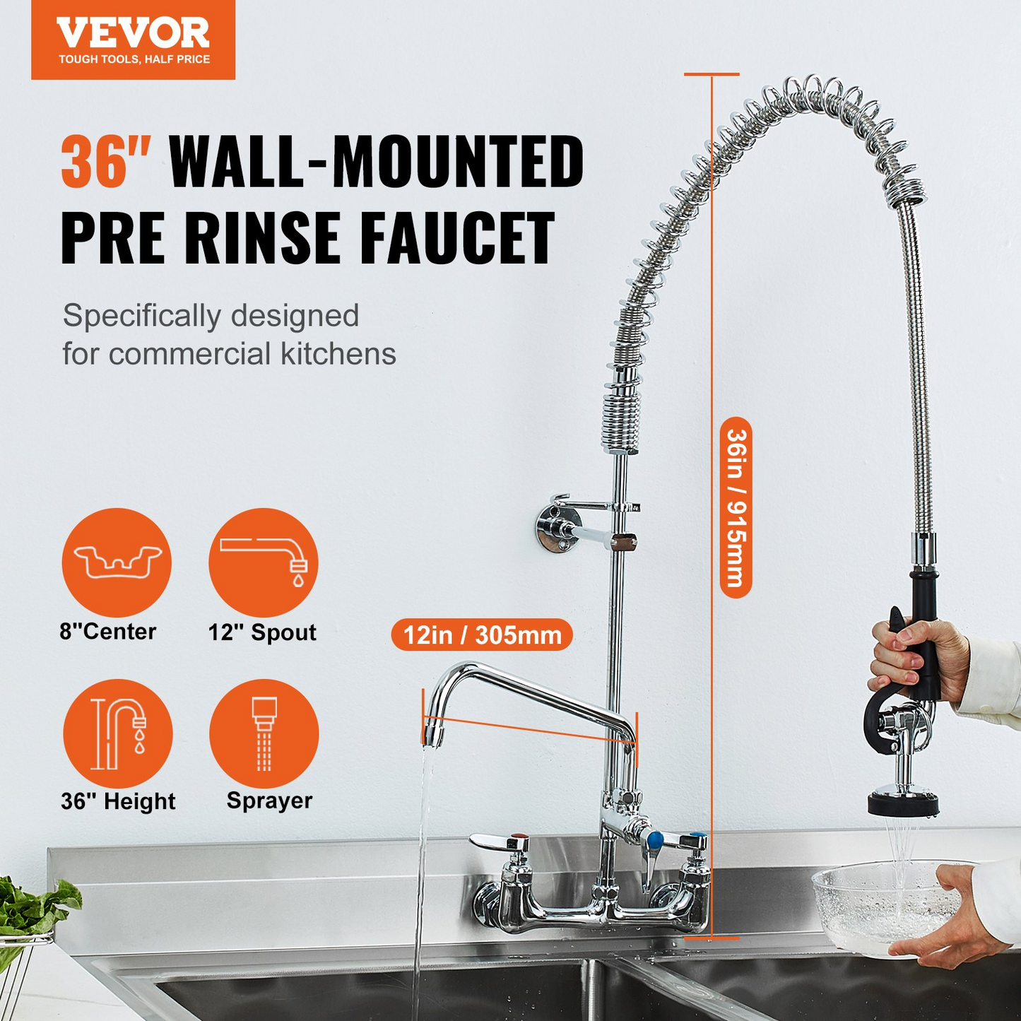 VEVOR Commercial Faucet with Pre-Rinse Sprayer, 36" Height, 8" Center, 12" Swing Spout, Wall Mount Kitchen Sink Faucet, Brass Constructed Device with Pull Down Spray, for 1/2/3 Compartment Sink