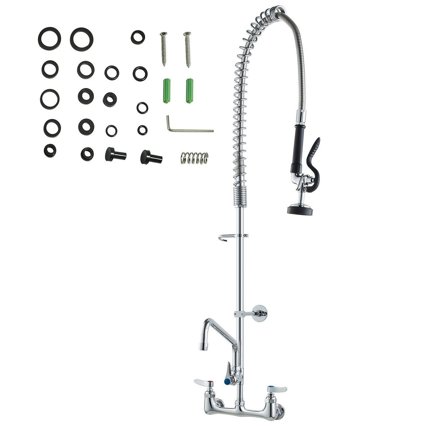 VEVOR Commercial Faucet with Pre-Rinse Sprayer, 44" Height, 8" Center, 12" Swing Spout, Wall Mount Kitchen Sink Faucet, Brass Constructed Device with Pull Down Spray, for 1/2/3 Compartment Sink