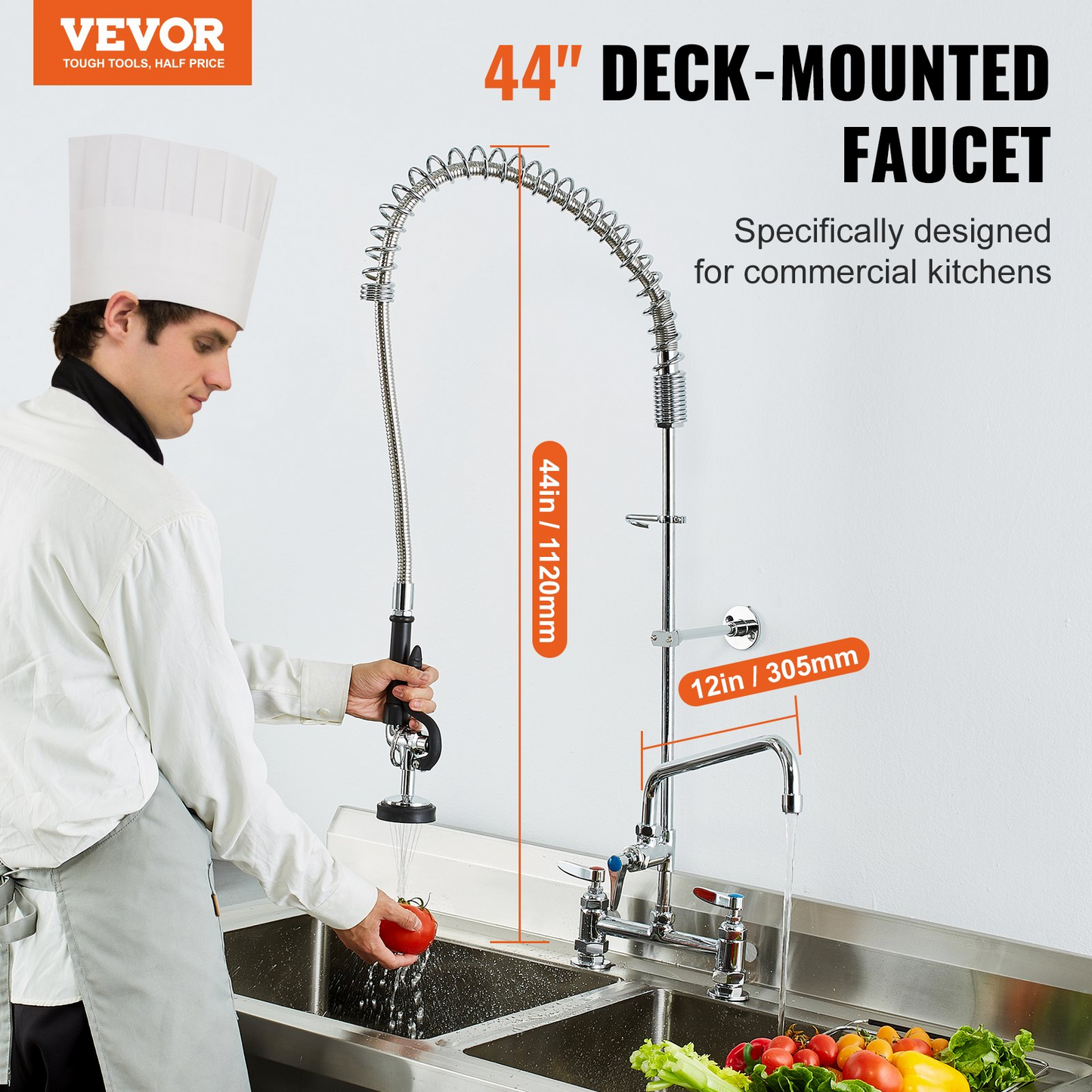 VEVOR Commercial Faucet with Pre-Rinse Sprayer, 44" Height, 8" Center, 12" Swing Spout, Deck Mount Kitchen Sink Faucet, Brass Constructed Device with Pull Down Spray, for 1/2/3 Compartment Sink