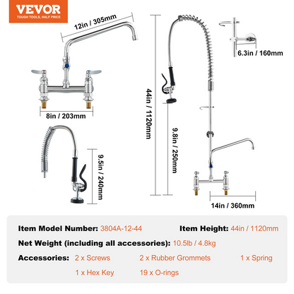 VEVOR Commercial Faucet with Pre-Rinse Sprayer, 44" Height, 8" Center, 12" Swing Spout, Deck Mount Kitchen Sink Faucet, Brass Constructed Device with Pull Down Spray, for 1/2/3 Compartment Sink