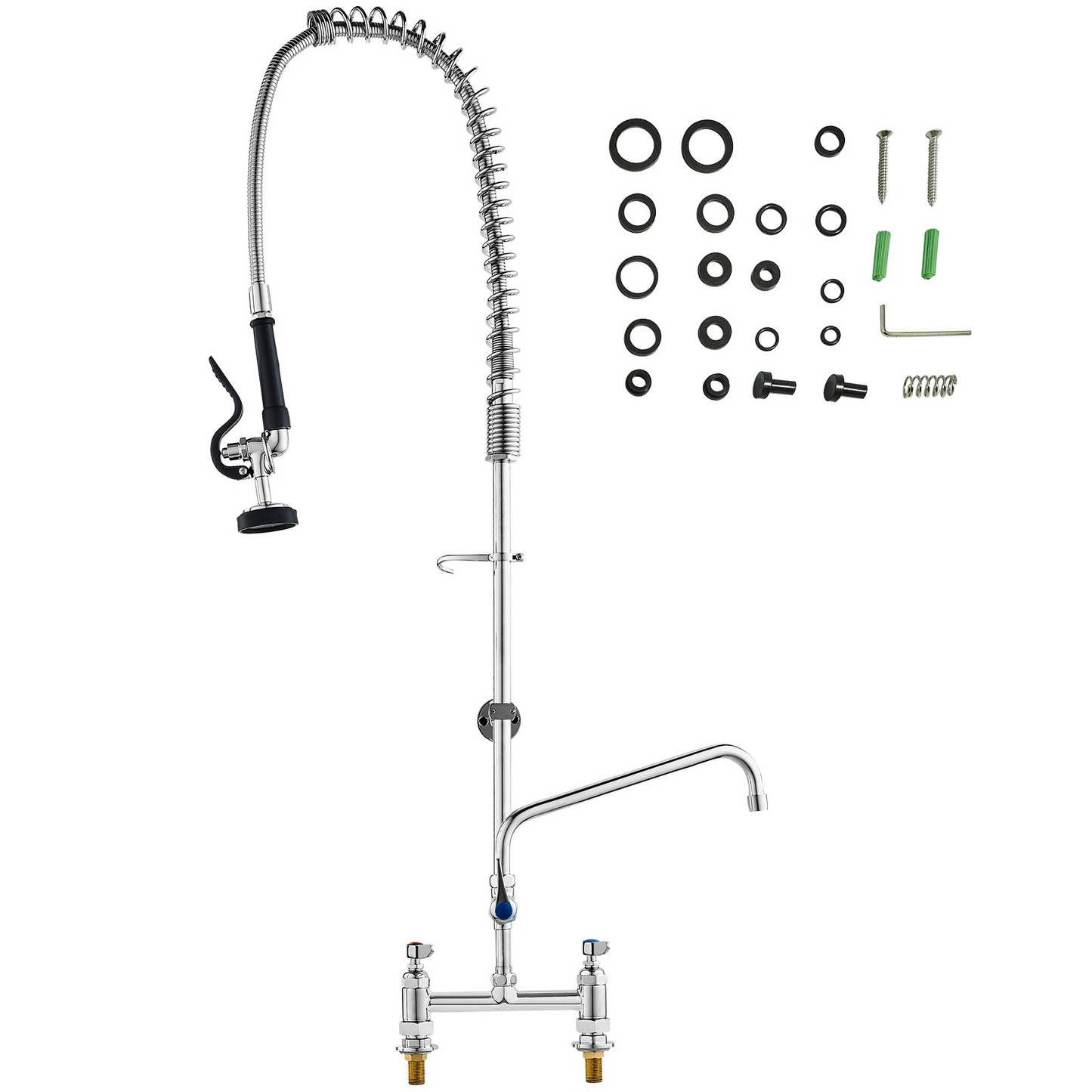 VEVOR Commercial Faucet with Pre-Rinse Sprayer, 44" Height, 8" Center, 12" Swing Spout, Deck Mount Kitchen Sink Faucet, Brass Constructed Device with Pull Down Spray, for 1/2/3 Compartment Sink