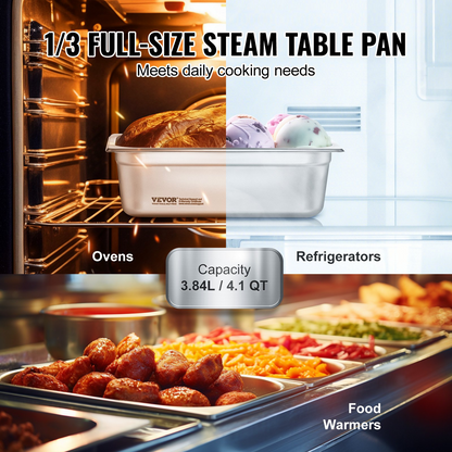 VEVOR 6 Pack Hotel Pans, 1/3 Size Anti-Jam Steam Pan, 0.8mm Thick Stainless Steel Restaurant Steam Table Pan, 4-Inch Deep Commercial Table Pan, Catering Storage Food Pan, for Industrial & Scientific