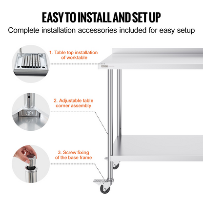 VEVOR 24 x 48 x 40 Inch Stainless Steel Work Table, Commercial Food Prep Worktable with Casters, Heavy Duty Prep Worktable, Metal Work Table with Adjustable Height for Restaurant, Home and Hotel