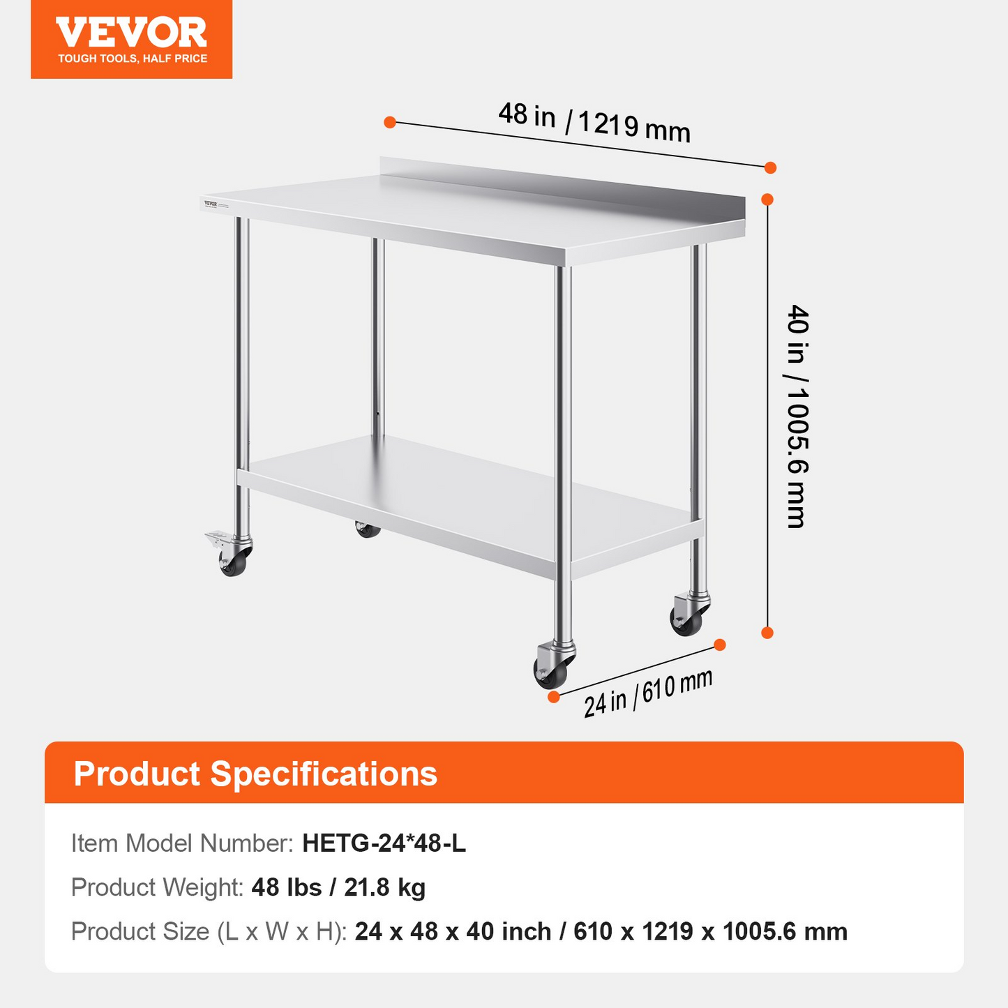 VEVOR 24 x 48 x 40 Inch Stainless Steel Work Table, Commercial Food Prep Worktable with Casters, Heavy Duty Prep Worktable, Metal Work Table with Adjustable Height for Restaurant, Home and Hotel