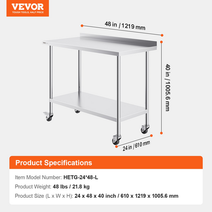 VEVOR 24 x 48 x 40 Inch Stainless Steel Work Table, Commercial Food Prep Worktable with Casters, Heavy Duty Prep Worktable, Metal Work Table with Adjustable Height for Restaurant, Home and Hotel