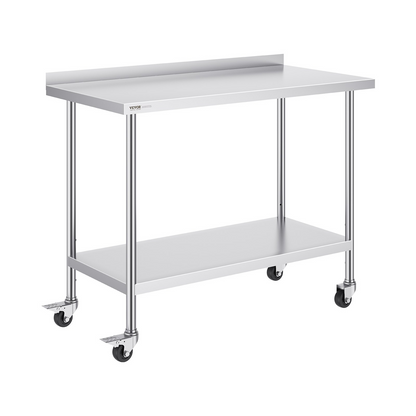 VEVOR 24 x 48 x 40 Inch Stainless Steel Work Table, Commercial Food Prep Worktable with Casters, Heavy Duty Prep Worktable, Metal Work Table with Adjustable Height for Restaurant, Home and Hotel