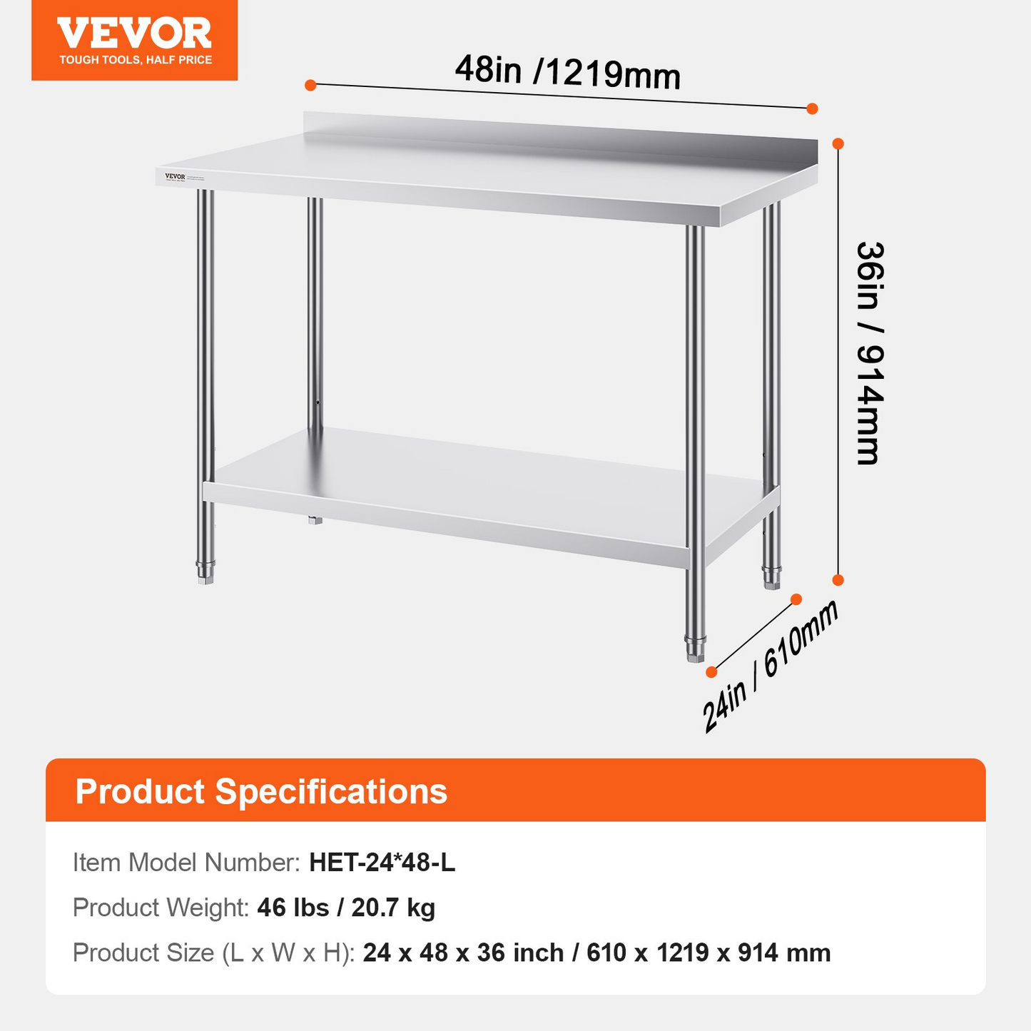 VEVOR 24 x 48 x 36 Inch Stainless Steel Work Table, Commercial Food Prep Worktable Heavy Duty Prep Worktable, Metal Work Table with Adjustable Height for Restaurant, Home and Hotel