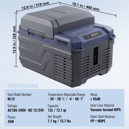 VEVOR Portable Car Refrigerator Freezer Compressor 12 L Single Zone for Car Home