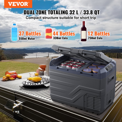 VEVOR Portable Car Refrigerator Freezer Compressor 32 L Dual Zone for Car Home