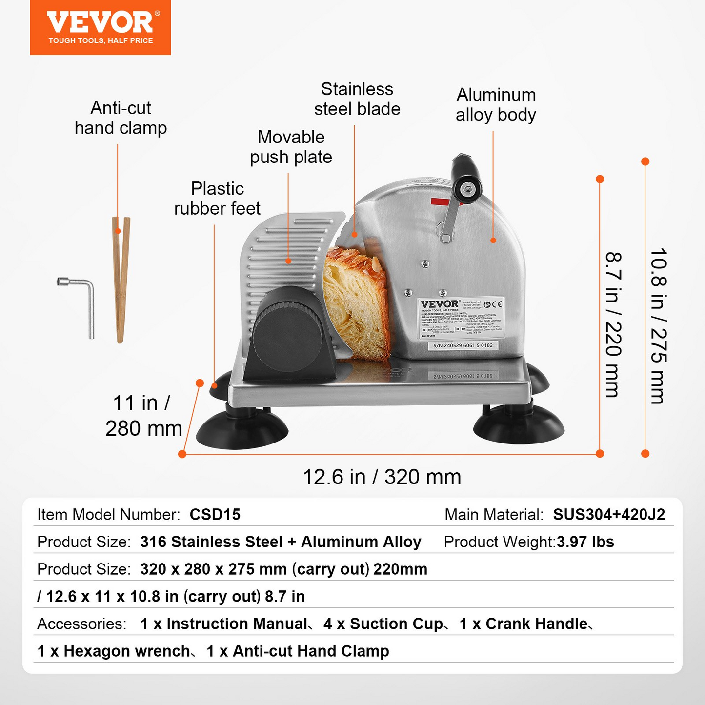 VEVOR Manual Bread Slicer 0-6" Cheeser Butter Cutting  for Kitchen Restaurant