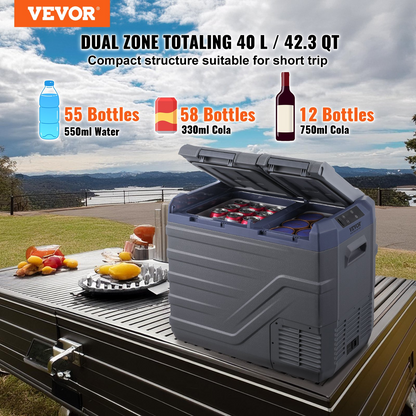 VEVOR Portable Car Refrigerator Freezer Compressor 40 L Dual Zone for Home Car