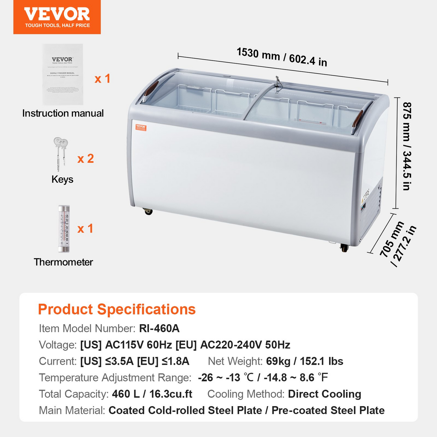 VEVOR 16.3Cu.ft Commercial Ice Cream Display Case Gelato Dipping Freezer Cabinet