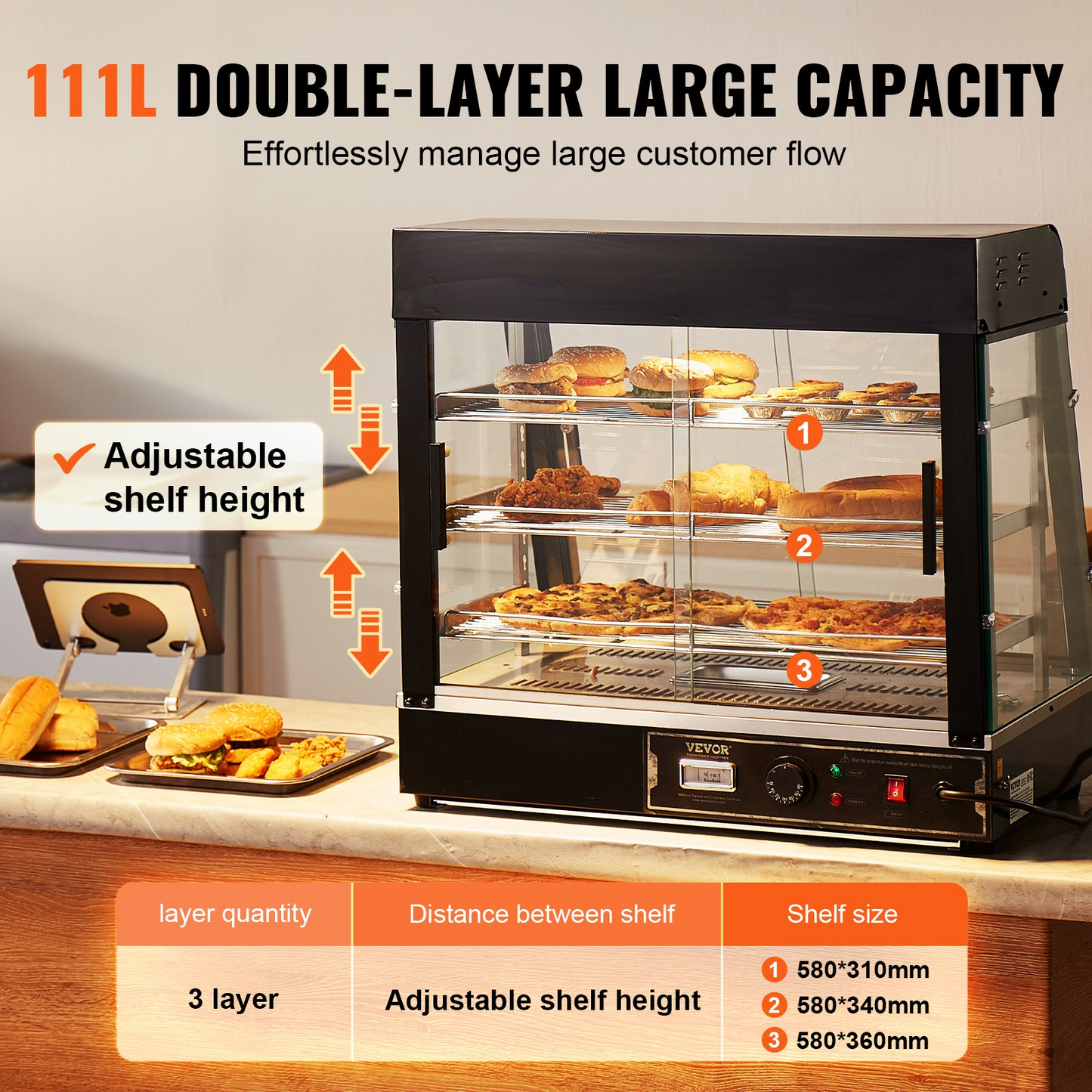 VEVOR 3-Tier Commercial Food Warmer Display Countertop Pizza Cabinet with Light