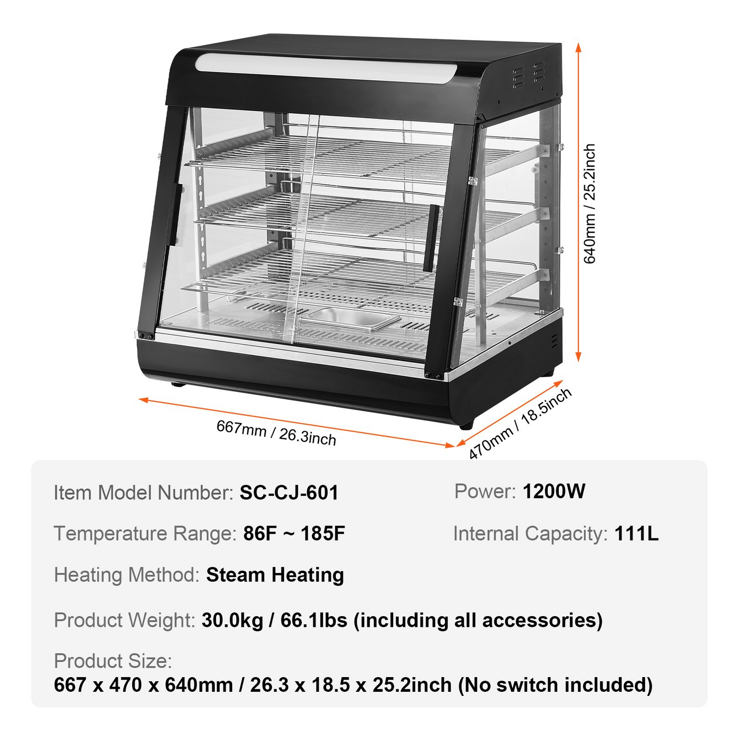 VEVOR 3-Tier Commercial Food Warmer Display Countertop Pizza Cabinet with Light