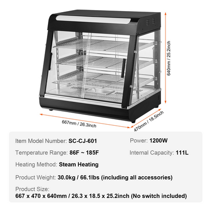 VEVOR 3-Tier Commercial Food Warmer Display Countertop Pizza Cabinet with Light