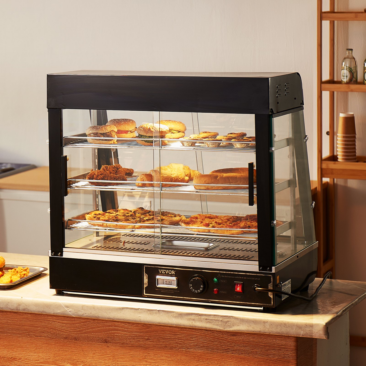 VEVOR 3-Tier Commercial Food Warmer Display Countertop Pizza Cabinet with Light