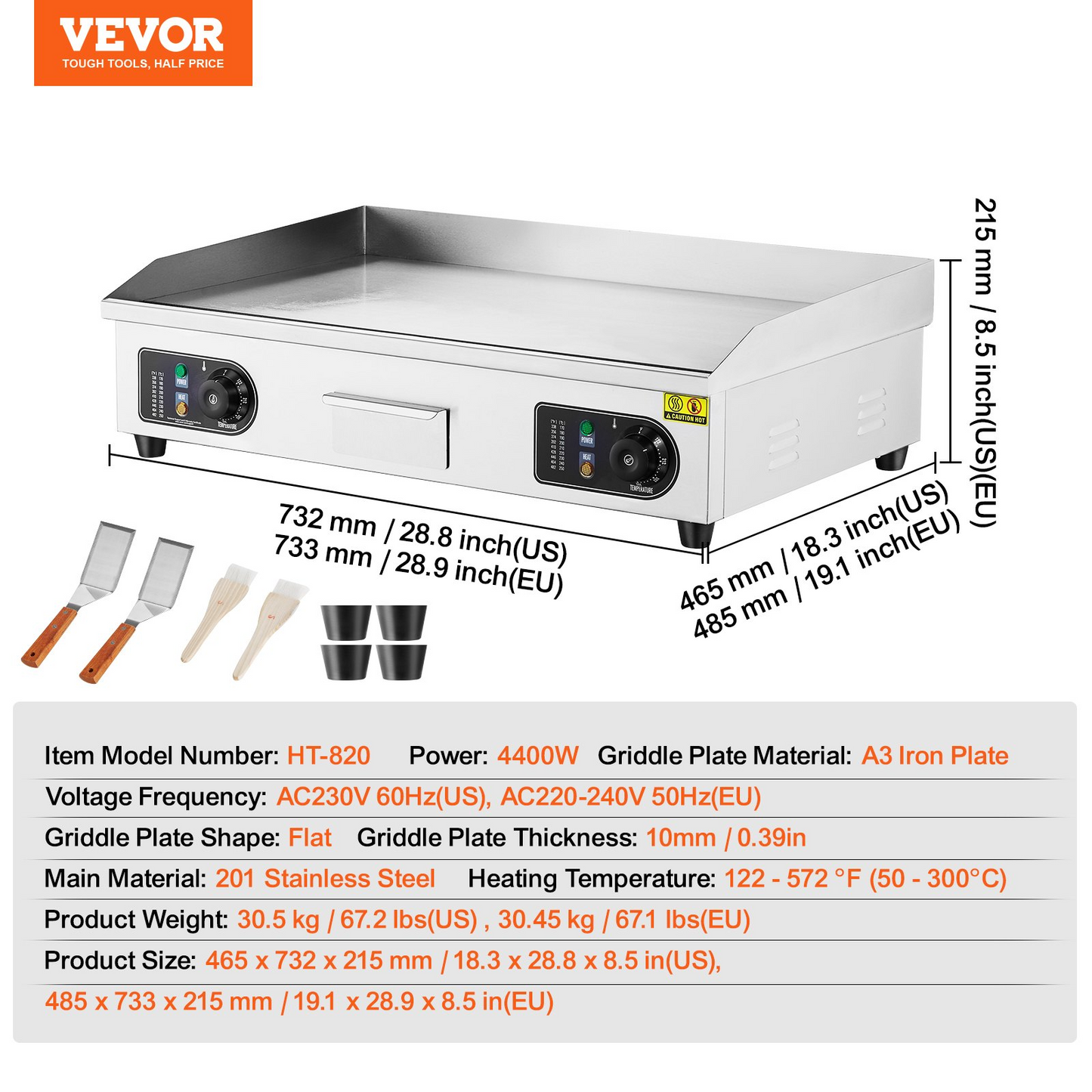 VEVOR Commercial Electric Griddle, 4400W Countertop Flat Top Grill, 122℉-572 ℉ Adjustable Temp, 28.74 x 15.75 x 0.39in Stainless Steel Griddle Grill with 2 Shovels and 2 Brushes for Home or Restaurant