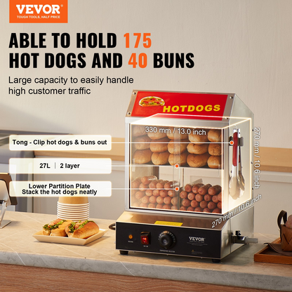 VEVOR Commercial Hot Dog Steamer 2-Tier Electric Bun Warmer 28.5QT Slide Doors