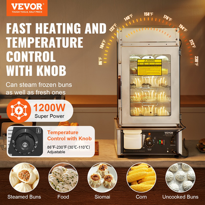 VEVOR Commercial Food Warmer Display 5-Tier Food Steamer Buns Warmer Electric