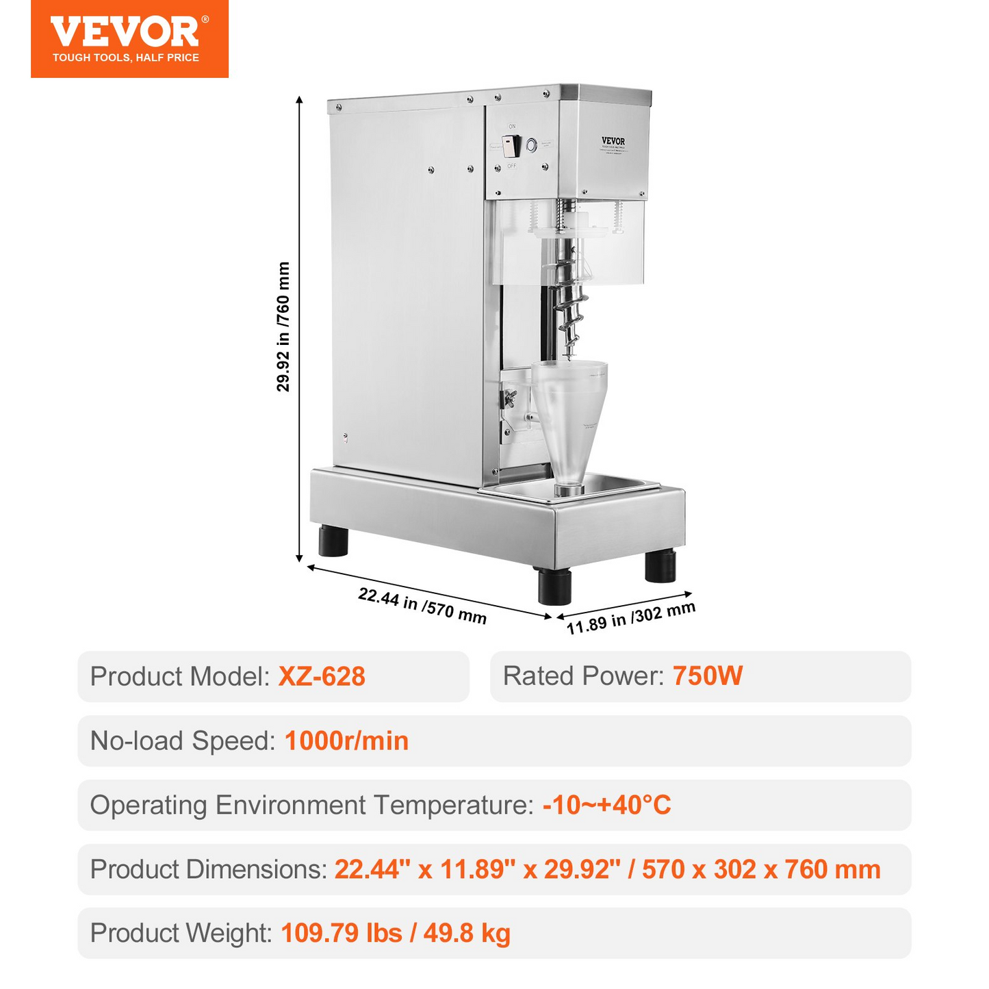 VEVOR Ice Cream Blender 750W  Ice Cream Mixer Stir Machine 304 Stainless Steel