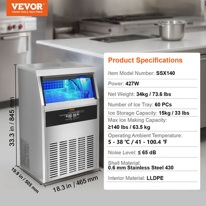 VEVOR Commercial Ice Maker, 140lbs/24H, Ice Maker Machine, 60 Ice Cubes in 12-15 Minutes, Freestanding Cabinet Ice Maker with 33lbs Storage Capacity LED Digital Display, for Bar Home Office Restaurant