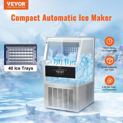 VEVOR 110V Commercial Ice Maker 80LBS/24H with 24lbs Storage Capacity Stainless Steel Commercial Ice Machine 40 Ice Cubes Per Plate Industrial Ice Maker Machine Auto Clean for Bar Home Supermarkets