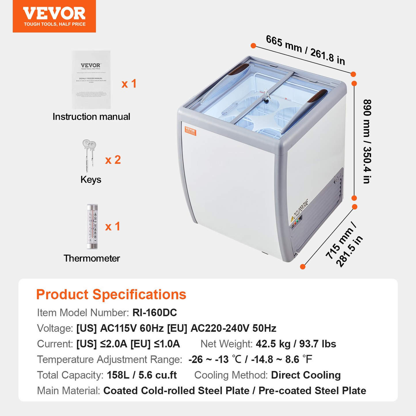 VEVOR Commercial Ice Cream Display Case, 5.6 Cu.ft Chest Freezer, Mobile Glass Top Deep Freezer, Restaurant Gelato Dipping Cabinet with 4 Large Tubs, 2 Sliding Glass Doors, Locking Casters, White