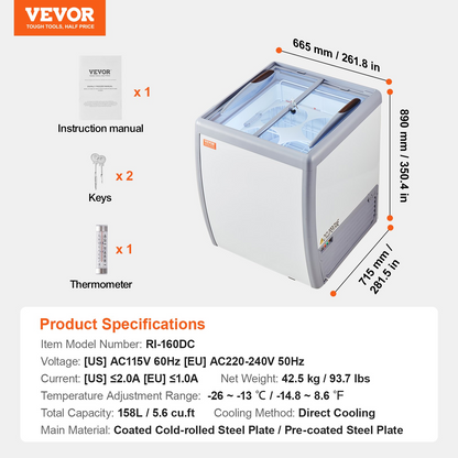 VEVOR Commercial Ice Cream Display Case, 5.6 Cu.ft Chest Freezer, Mobile Glass Top Deep Freezer, Restaurant Gelato Dipping Cabinet with 4 Large Tubs, 2 Sliding Glass Doors, Locking Casters, White