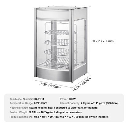 VEVOR Food Warmer Display for 14" Pizza, 4-Tier Commercial Pizza Warmer Electric