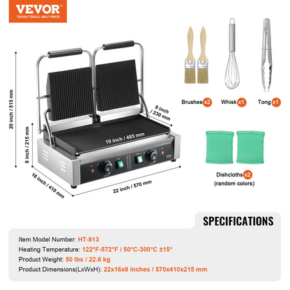 VEVOR Commercial Panini Press Grill Electric Sandwich Maker Griddle Plate 19"x9"