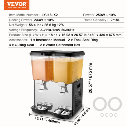 VEVOR Commercial Beverage Dispenser 18L x 2 Tanks Cold Juice Ice Drink Dispenser