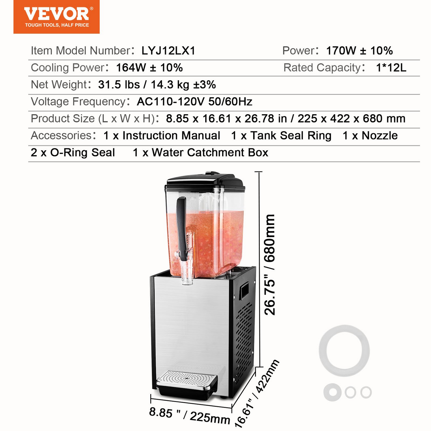 VEVOR Commercial Beverage Dispenser 12L Cold Juice Ice Drink Dispenser for Party