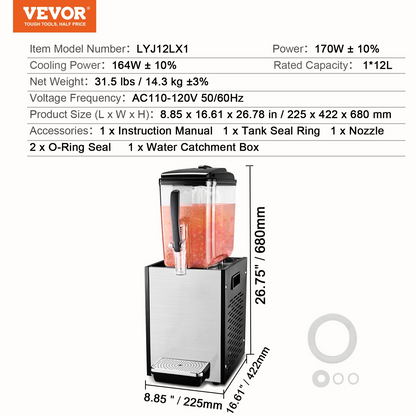 VEVOR Commercial Beverage Dispenser 12L Cold Juice Ice Drink Dispenser for Party