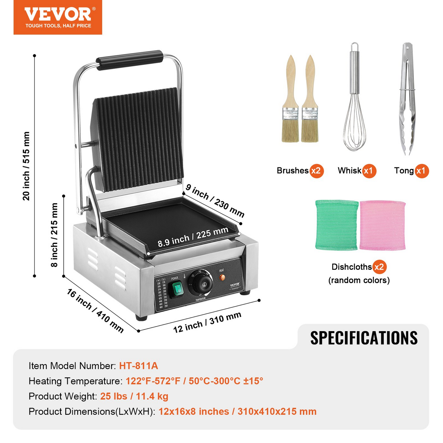 VEVOR Commercial Panini Press Grill Electric Sandwich Maker Griddle Plate 9"x9"