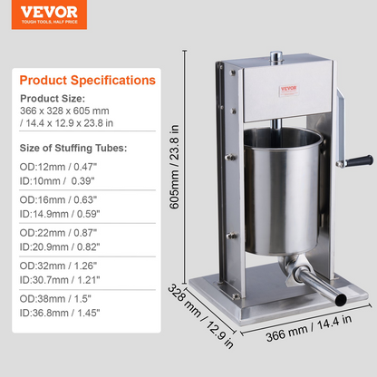 VEVOR Manual Sausage Stuffer 10 L Vertical Sausage Machine 304 Stainless Steel