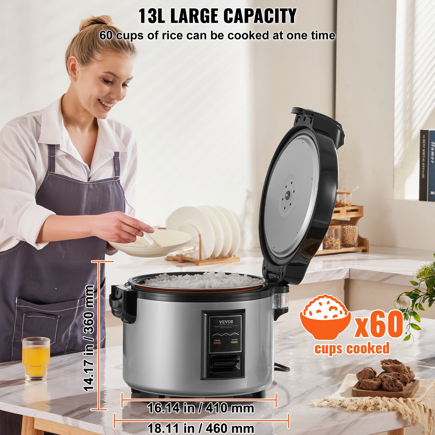 VEVOR Commercial Rice Cooker 60-Cup Non-Stick Pot 13L 12H Keep Warm Restaurant