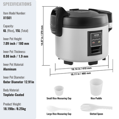 VEVOR Commercial Rice Cooker 70-Cup Non-Stick Pot 15L 12H Keep Warm Restaurant