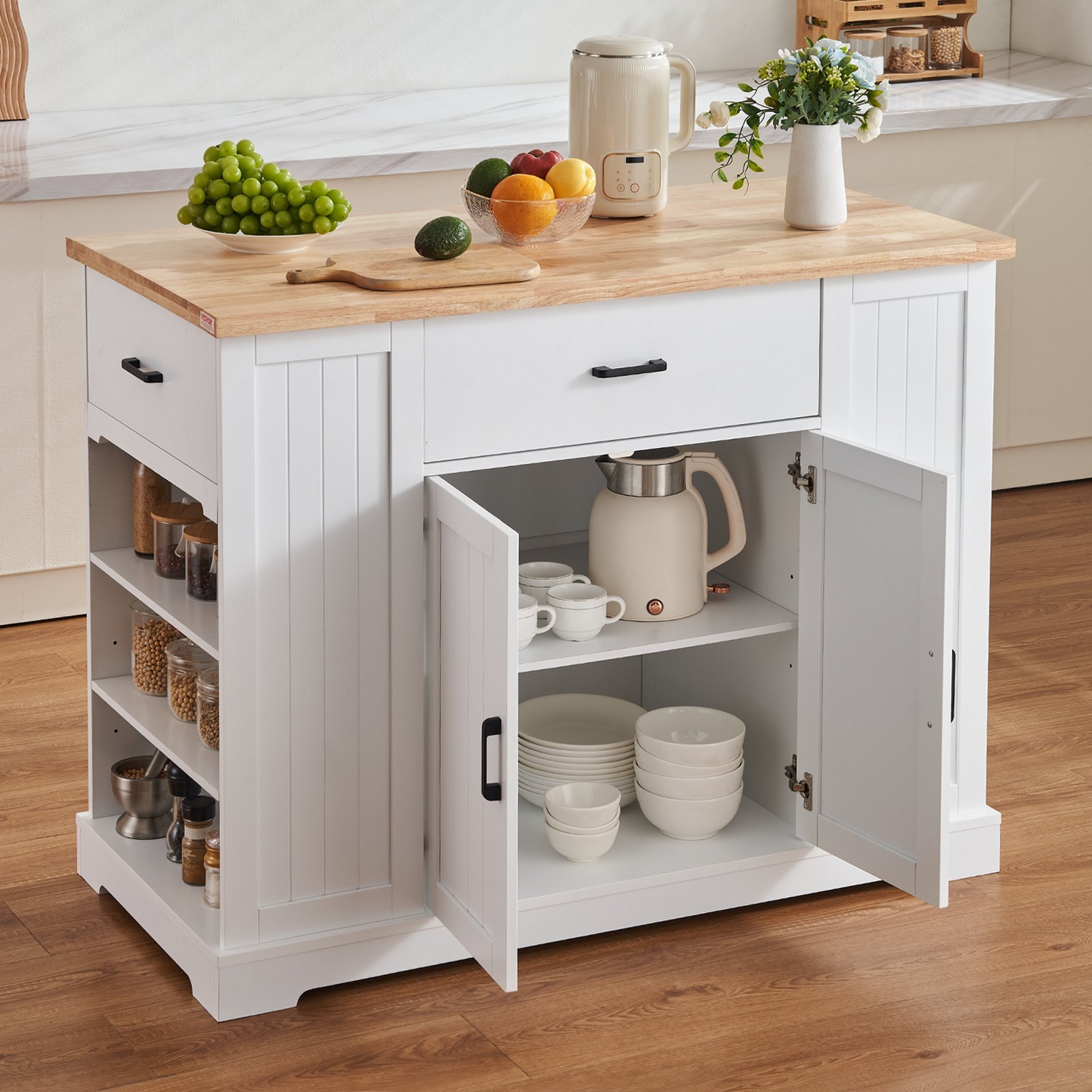 VEVOR Kitchen Island Cart Storage Cabinet Serving Cart with Drawer & Shelves