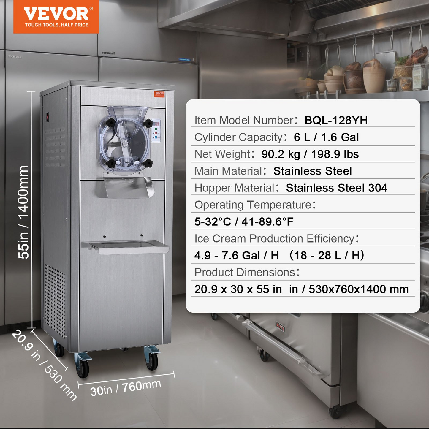 VEVOR Commercial Ice Cream Machine, 18 L/H Yield, 1780W Single Flavor Hard Serve Ice Cream Maker with Wheels, 6L Stainless Steel Cylinder, LED Panel Auto Clean Pre-cooling, for Restaurant Snack Bars